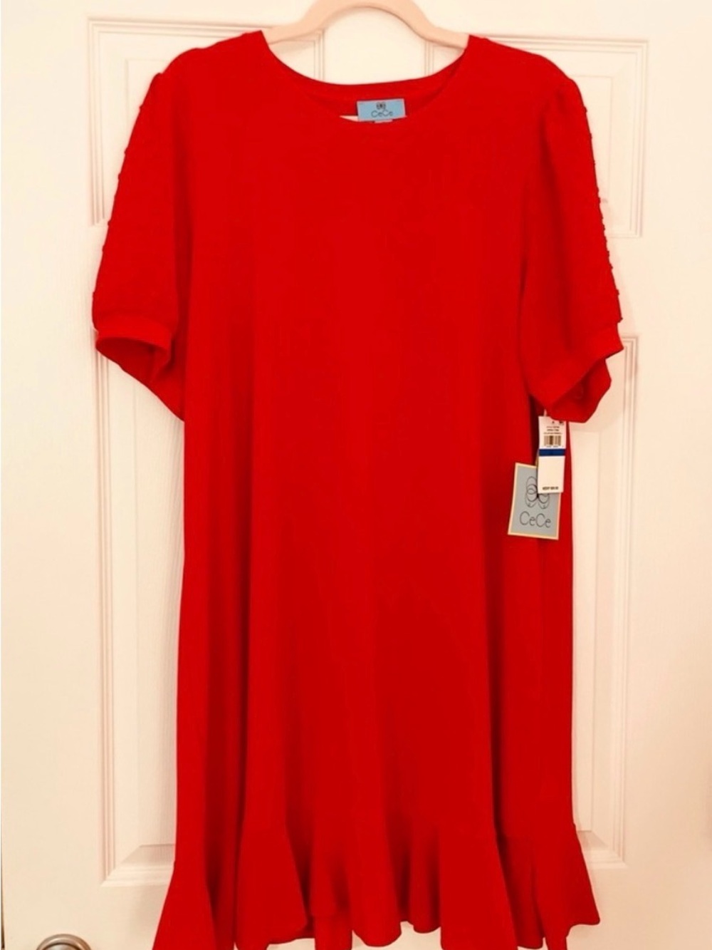 CeCe Red Ruffle-Hem Short Sleeve Dress